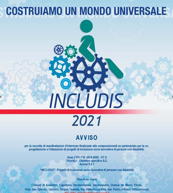 AVVISO PUBBLICO REGIONE SARDEGNA “INCLUDIS 2021”. APPROVAZIONE DELL’AVVISO DI MANIFESTAZIONE DI INTERESSE E DEI SUOI ALLEGATI, RIVOLTO AGLI ENTI PUBBLICI E PRIVATI CHE INTENDONO PARTECIPARE ALLA PROGETTAZIONE E REALIZZAZIONE DI PROGETTI, INIZIATIVE E INTERVENTI DI INCLUSIONE SOCIO-LAVORATIVA DI PERSONE NON OCCUPATE IN CONDIZIONE DI DISABILITÀ, IN ASSOCIAZIONE TEMPORANEA DI SCOPO – ATS – CON L’ENTE GESTORE PLUS AREA OVEST.